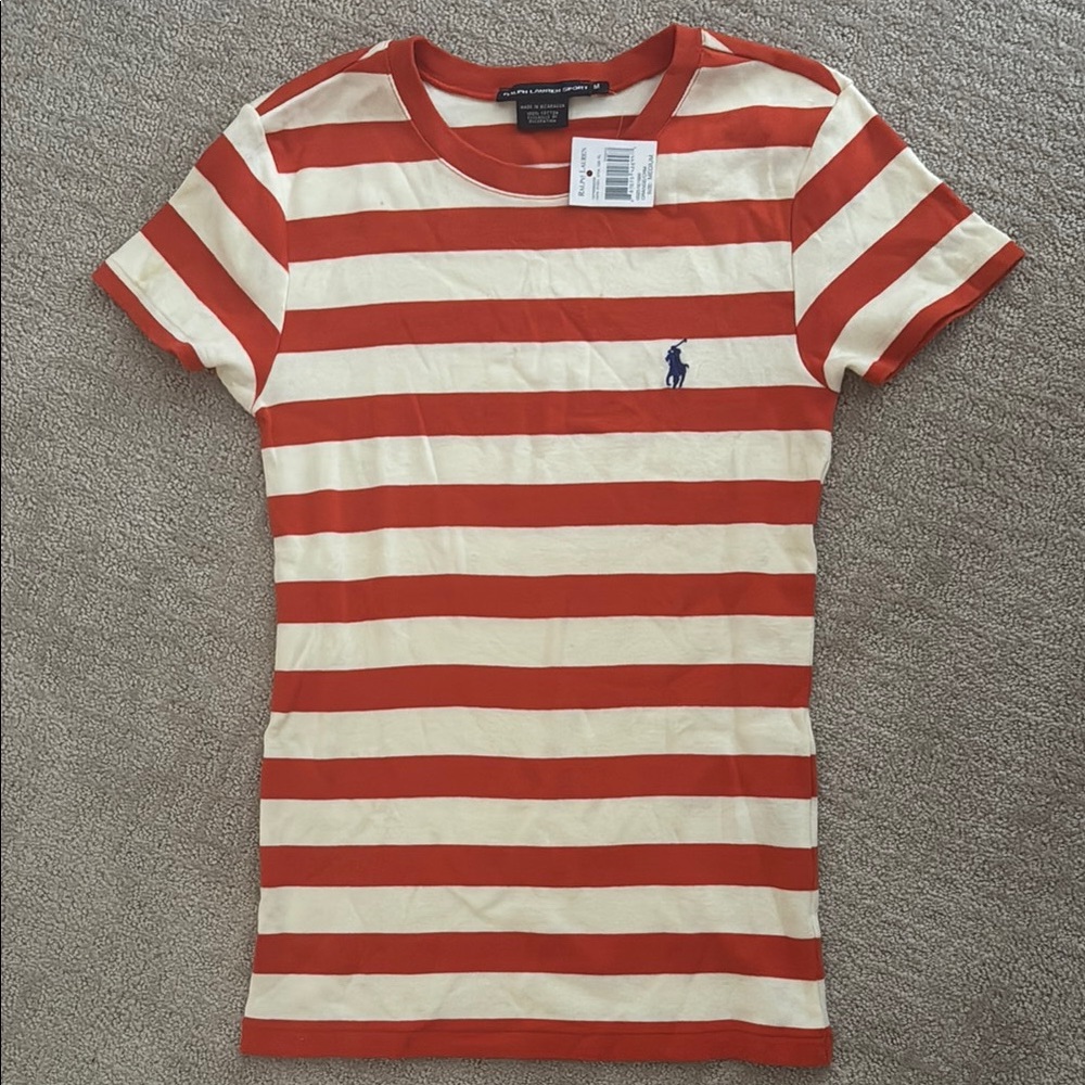 Ralph Lauren orange and Cream Striped T-Shirt- medium